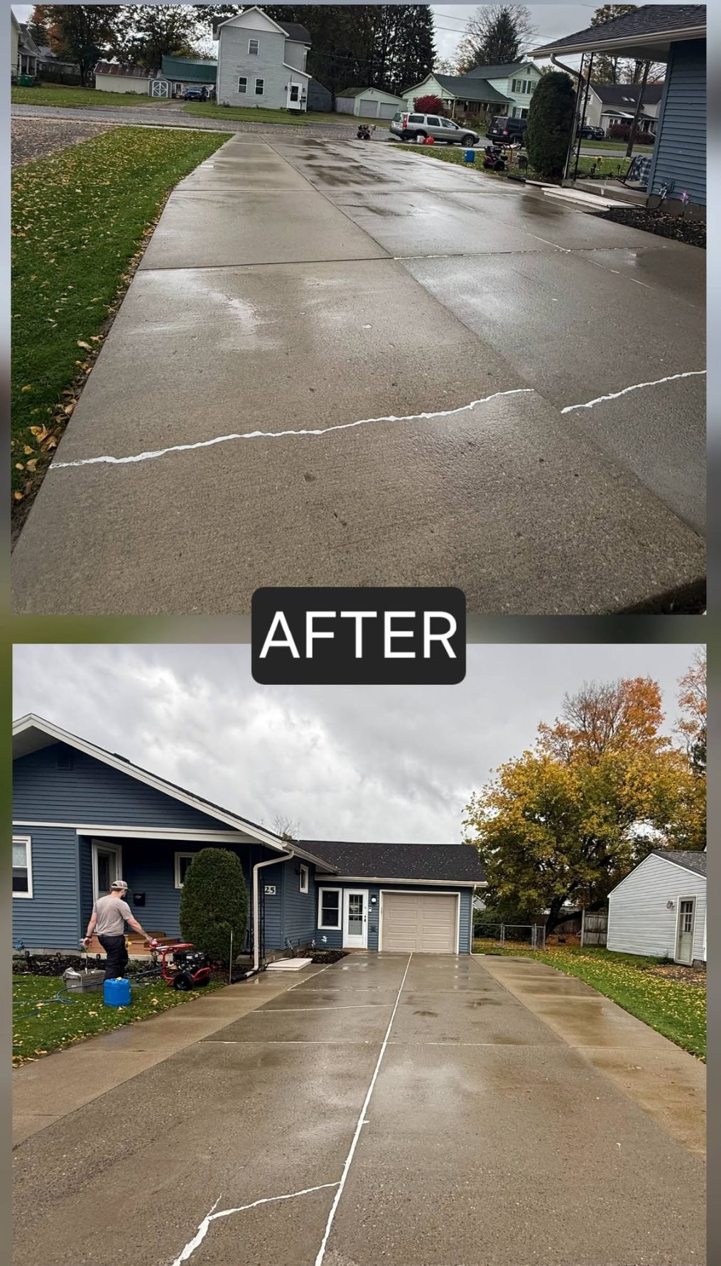 Freshly pressure washed concrete driveway in front of a blue house