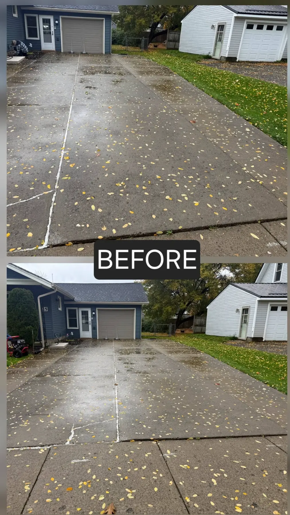Concrete driveway before pressure washing, covered in grime and leaves